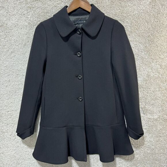Zara Pea Coat Women's Small Black Ruffle Hem Single Breasted Long Sleeve - Picture 1 of 11
